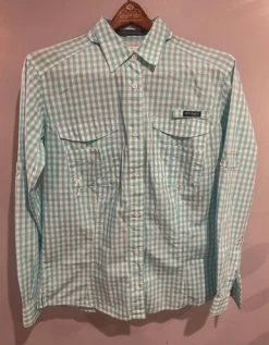 Columbia WomensPFG Button Shirt-Medium Blue/White Plaid ‘Super Bonehead’ EUC - Size M