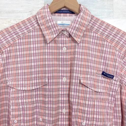 ColumbiaPFG Super Bonehead Shirt Orange Gray Plaid Fishing Hiking Womens Large - Size L 2 ColumbiaPFG Super Bonehead Shirt Orange Gray Plaid Fishing Hiking Womens Large - Size L - Image 2