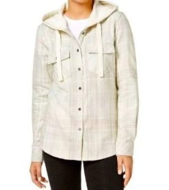 Columbia 100% Cotton Cream & White Button Down Hooded Plaid Top - Size S