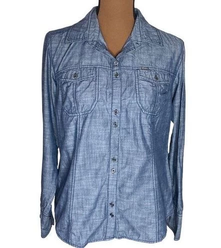 Columbiablue Chambray Button Down Shirt With Flap Chest Pockets Size L - Size L 1 Columbiablue Chambray Button Down Shirt With Flap Chest Pockets Size L - Size L
